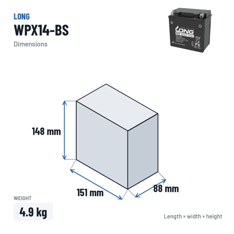 Car battery Long WPX14-BS 12V 12Ah AGM – dimensions 151 × 88 × 148 mm