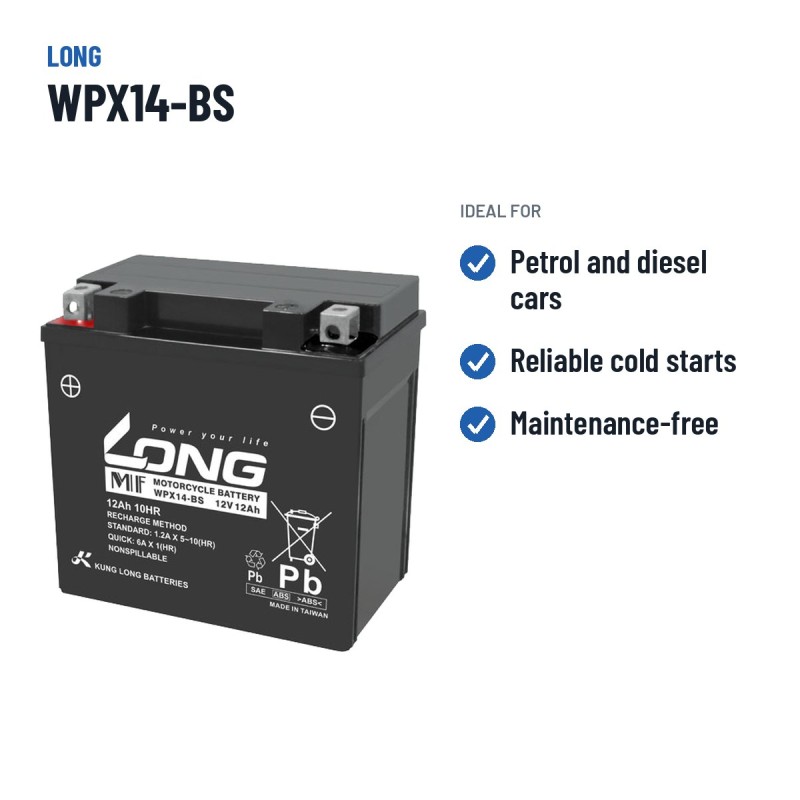 Autobatterie Long WPX14-BS 12V 12Ah AGM | baterias.com