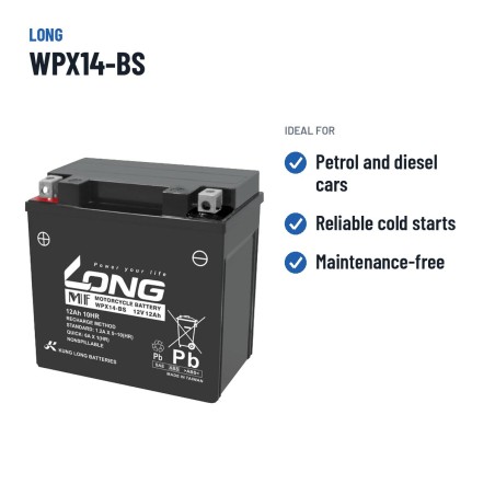 Autobatterie Long WPX14-BS 12V 12Ah AGM | baterias.com