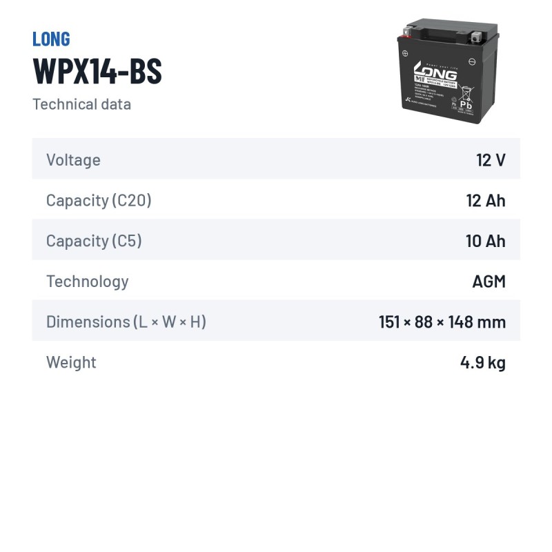 Autobatterie Long WPX14-BS 12V 12Ah AGM | baterias.com
