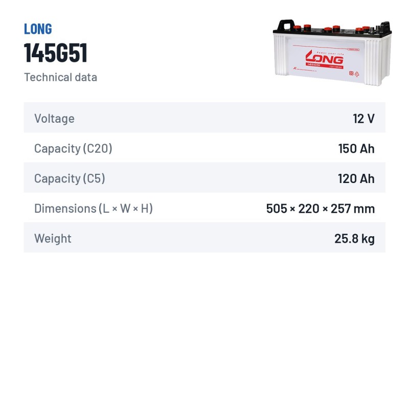 Batterie voiture Long 145G51 12V 150Ah – fiche technique