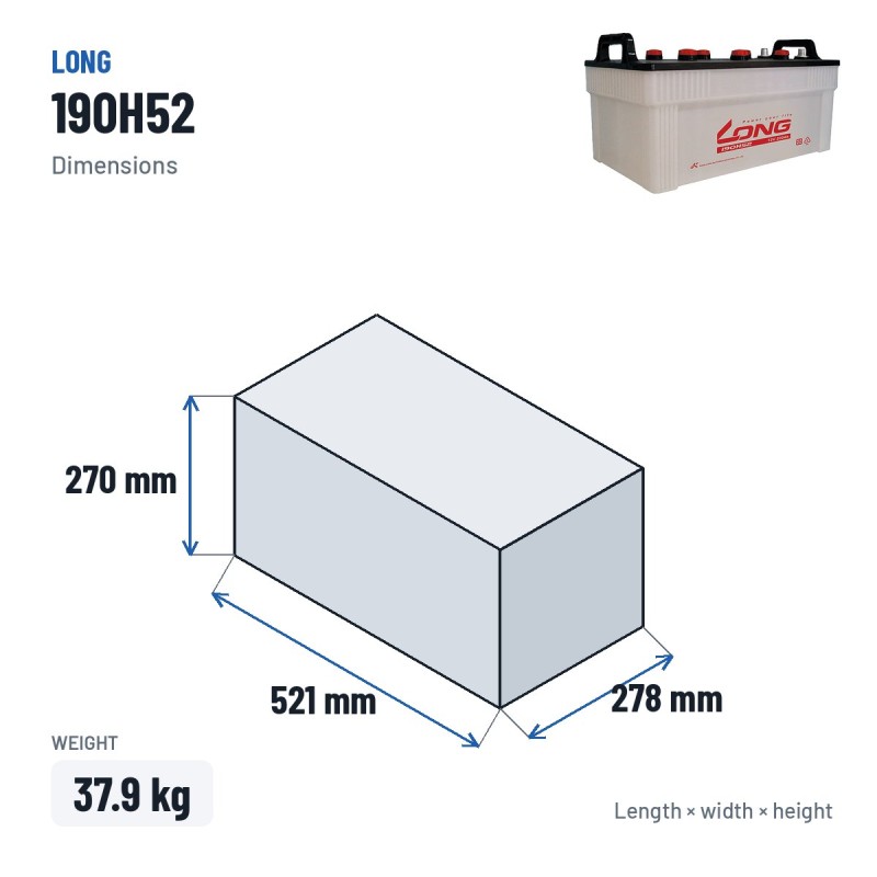 Batteria auto Long 190H52 12V 200Ah – dimensioni 521 × 278 × 270 mm