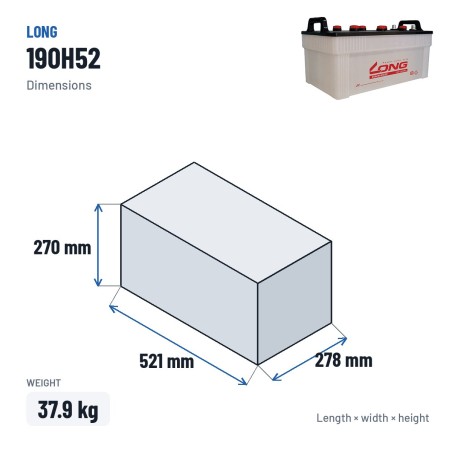 Bateria de carro Long 190H52 12V 200Ah – medidas 521 × 278 × 270 mm