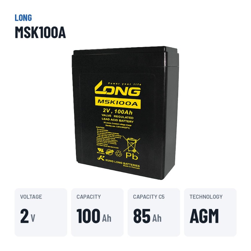 Bateria para telecomunicações Long MSK100A 2V 100Ah AGM – dados principais