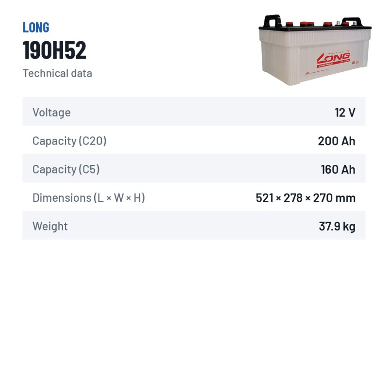 Batteria auto Long 190H52 12V 200Ah – scheda tecnica