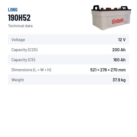 Bateria de carro Long 190H52 12V 200Ah – ficha técnica