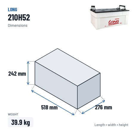 Batteria auto Long 210H52 12V 210Ah – dimensioni 518 × 276 × 242 mm