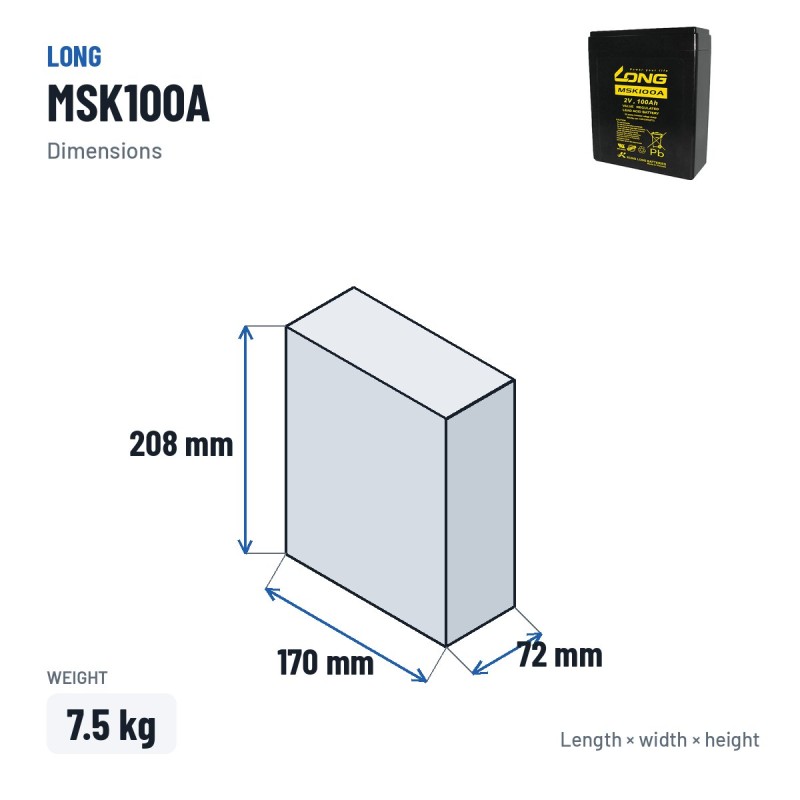 Bateria para telecomunicações Long MSK100A 2V 100Ah AGM – medidas 170 × 72 × 208 mm