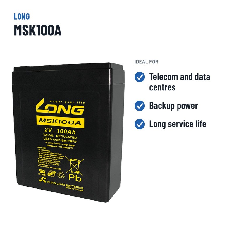 Bateria para telecomunicações Long MSK100A 2V 100Ah AGM – utilizações recomendadas