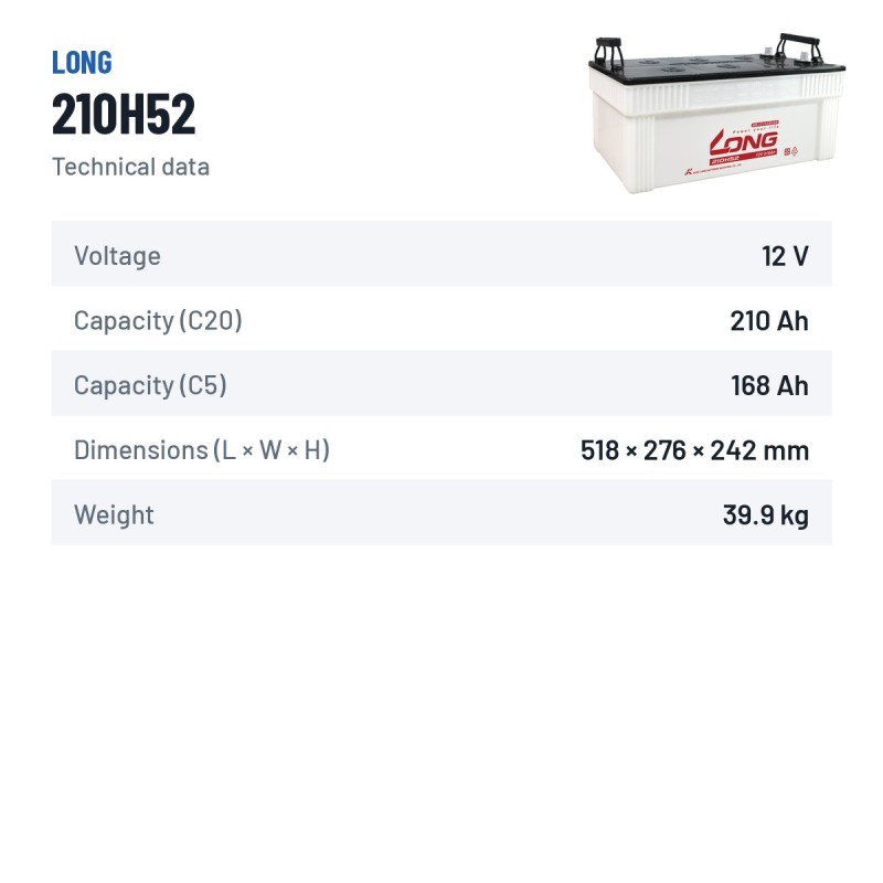 Batteria auto Long 210H52 12V 210Ah – scheda tecnica