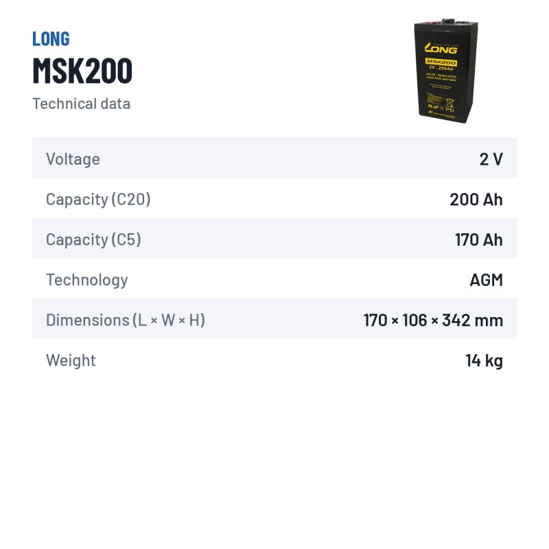 Telekom-Batterie Long MSK200 2V 200Ah AGM | baterias.com
