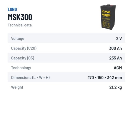 Telekom-Batterie Long MSK300 2V 300Ah AGM – technische Daten