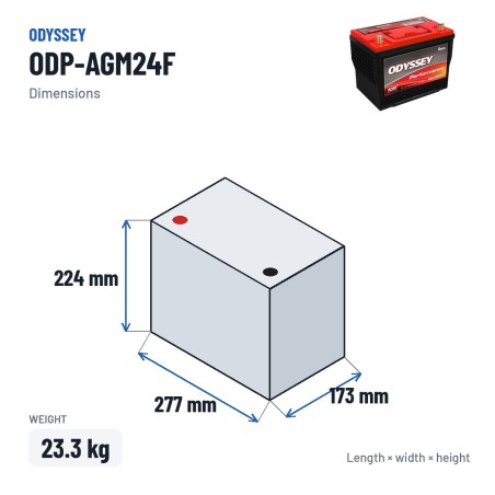 Autobatterie Odyssey ODP-AGM24F 63Ah 725A AGM – Abmessungen 277 × 173 × 224 mm