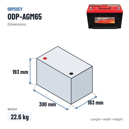 Batería de coche Odyssey ODP-AGM65 64Ah 762A AGM – medidas 300 × 183 × 193 mm