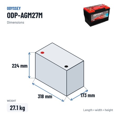 Marine battery Odyssey ODP-AGM27M 85Ah 850A AGM – dimensions 318 × 173 × 224 mm