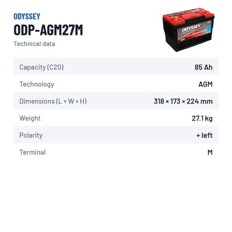 Marine battery Odyssey ODP-AGM27M 85Ah 850A AGM – technical data