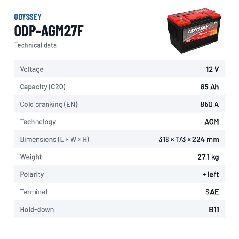 Car battery Odyssey ODP-AGM27F 85Ah 850A AGM – technical data