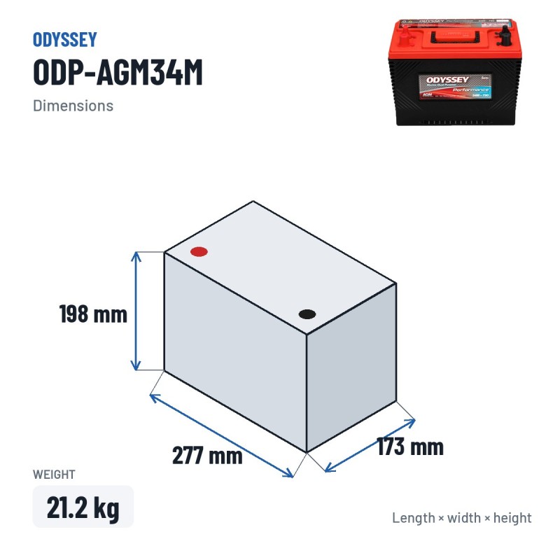 Batterie marine Odyssey ODP-AGM34M 60Ah 710A AGM – dimensions 277 × 173 × 198 mm