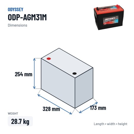 Batería náutica Odyssey ODP-AGM31M 87Ah 925A AGM – medidas 328 × 173 × 254 mm