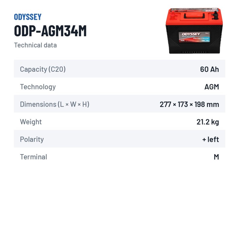 Batterie marine Odyssey ODP-AGM34M 60Ah 710A AGM – fiche technique