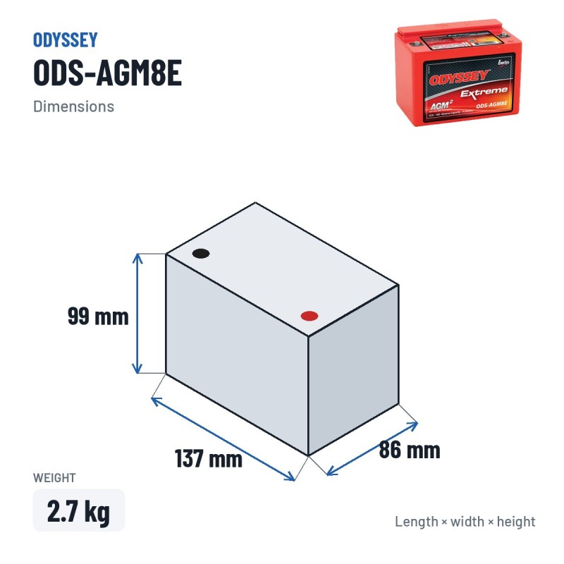 Batteria moto Odyssey ODS-AGM8E 8Ah 100A AGM – dimensioni 137 × 86 × 99 mm