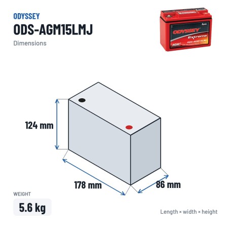 Batteria moto Odyssey ODS-AGM15LMJ 13Ah 150A AGM – dimensioni 178 × 86 × 124 mm