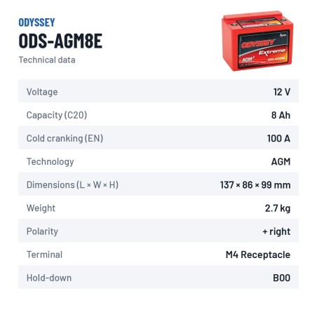 Batteria moto Odyssey ODS-AGM8E 8Ah 100A AGM – scheda tecnica
