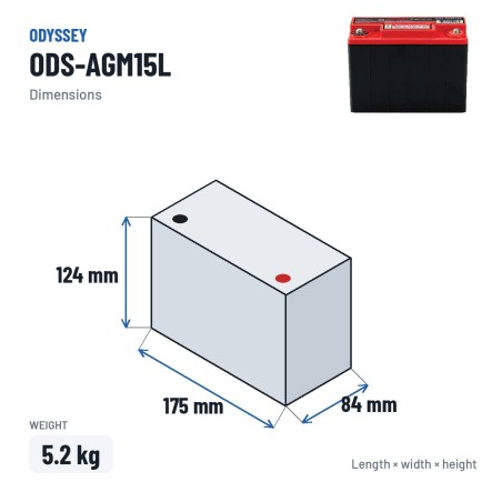 Batteria moto Odyssey ODS-AGM15L 13Ah 150A AGM – dimensioni 175 × 84 × 124 mm