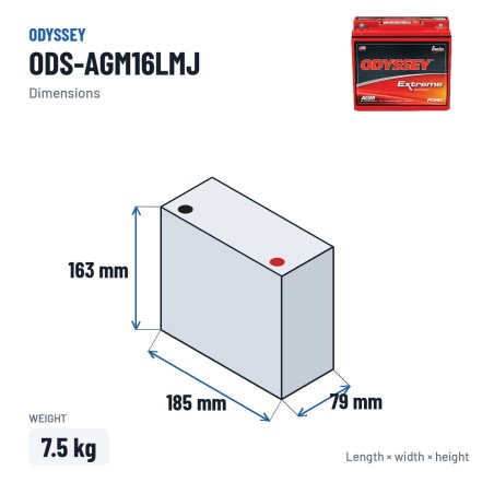 Batería de moto Odyssey ODS-AGM16LMJ 16Ah 170A AGM – medidas 185 × 79 × 163 mm