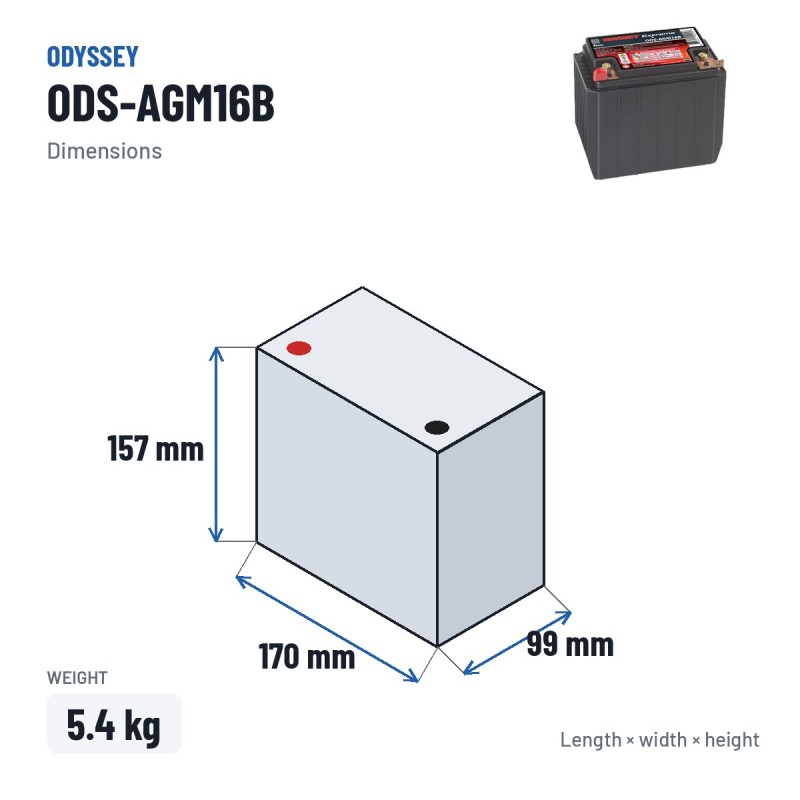 Bateria de mota Odyssey ODS-AGM16B 14Ah 200A AGM – medidas 170 × 99 × 157 mm