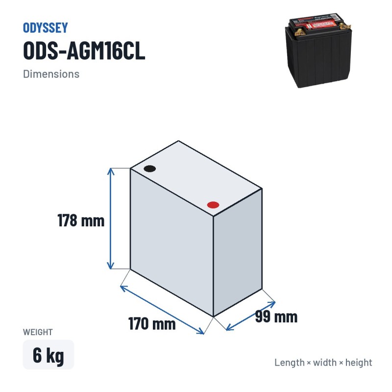 Batteria moto Odyssey ODS-AGM16CL 18Ah 220A AGM – dimensioni 170 × 99 × 178 mm