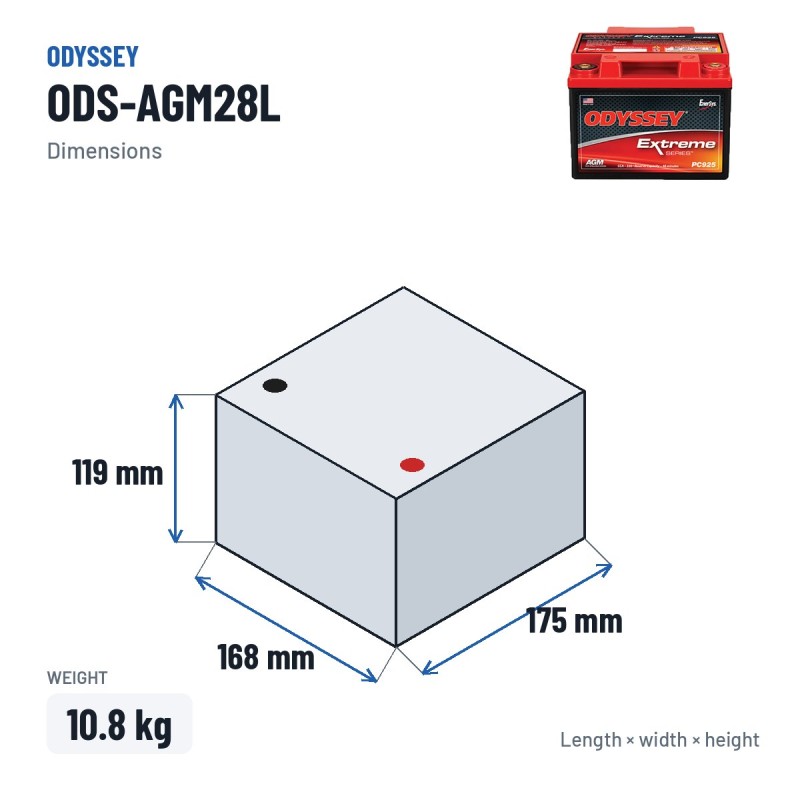 Motorcycle battery Odyssey ODS-AGM28L 28Ah 330A AGM – dimensions 168 × 175 × 119 mm
