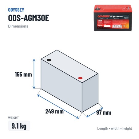 Batería de moto Odyssey ODS-AGM30E 34Ah 400A AGM – medidas 249 × 97 × 155 mm