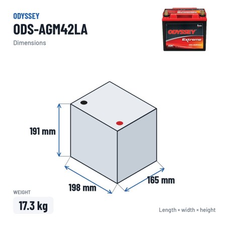 Motorcycle battery Odyssey ODS-AGM42LA 42Ah 540A AGM – dimensions 198 × 165 × 191 mm
