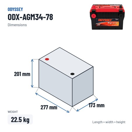 Car battery Odyssey ODX-AGM34-78 68Ah 850A AGM – dimensions 277 × 173 × 201 mm