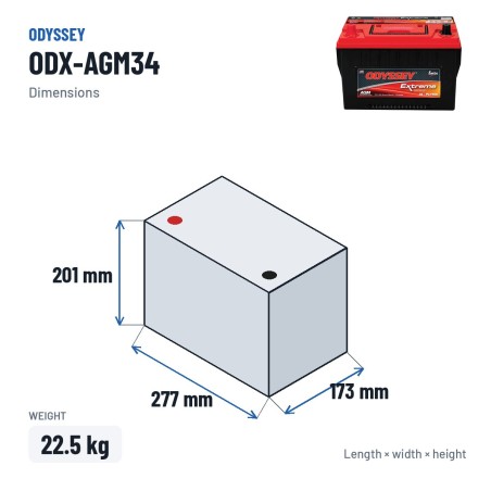 Batteria auto Odyssey ODX-AGM34 68Ah 850A AGM – dimensioni 277 × 173 × 201 mm
