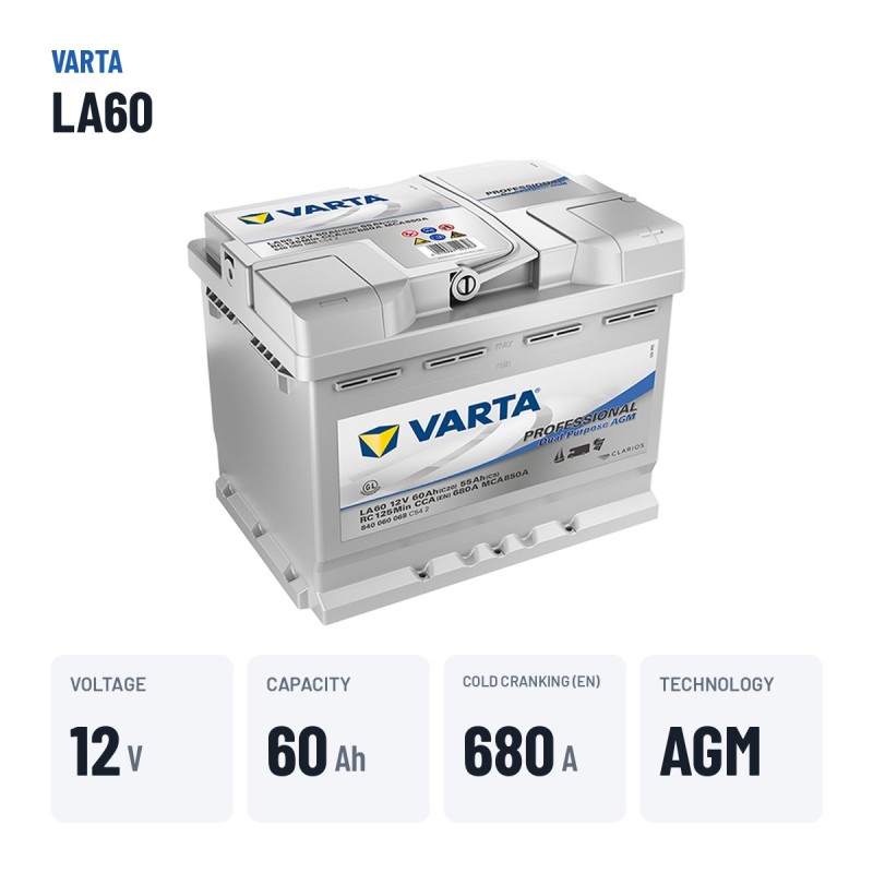 Bootsbatterie Varta LA60 12V 60Ah 680A AGM | baterias.com