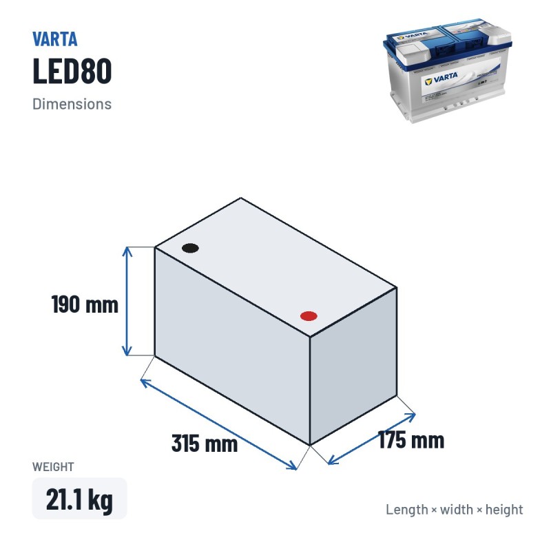 Marine battery Varta LED80 12V 80Ah EFB – dimensions 315 × 175 × 190 mm