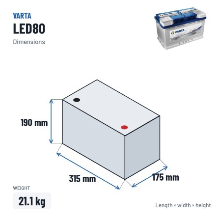 Marine battery Varta LED80 12V 80Ah EFB – dimensions 315 × 175 × 190 mm