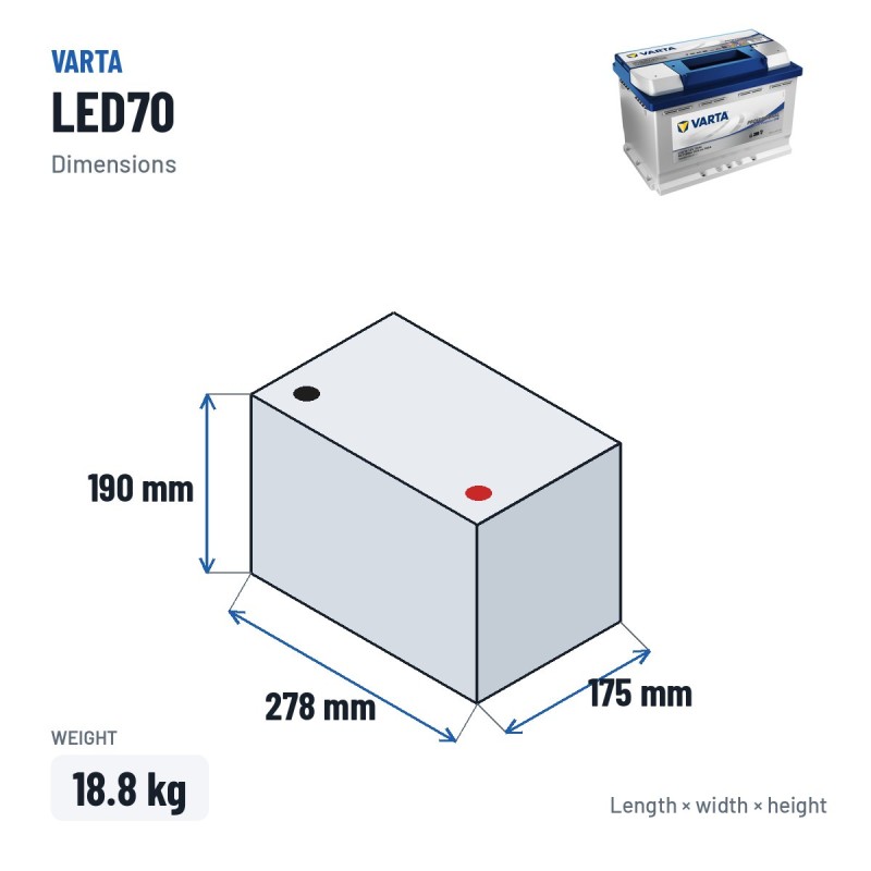 Batteria nautica Varta LED70 12V 70Ah EFB – dimensioni 278 × 175 × 190 mm