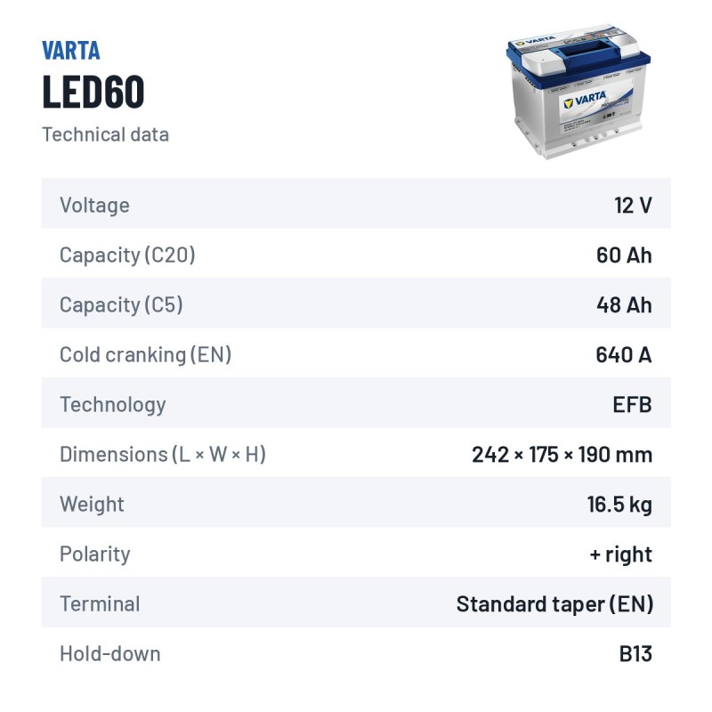 Batteria nautica Varta LED60 12V 60Ah EFB – scheda tecnica