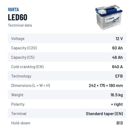 Batterie marine Varta LED60 12V 60Ah EFB – fiche technique