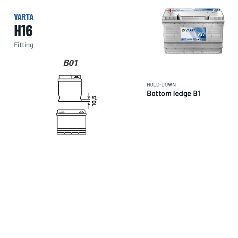 Truck battery Varta H16 12V 105Ah 800A – terminal and hold-down