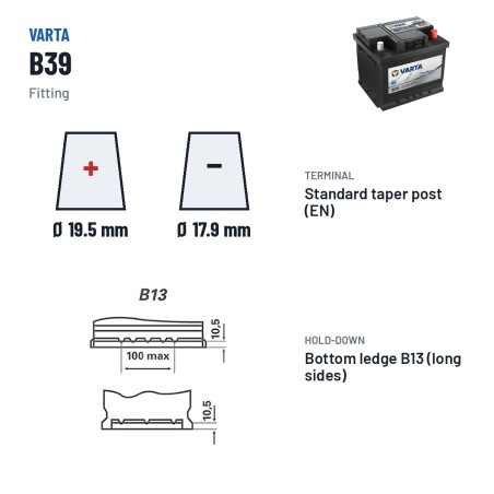 Bateria de camião Varta B39 12V 45Ah 300A – terminal e fixação