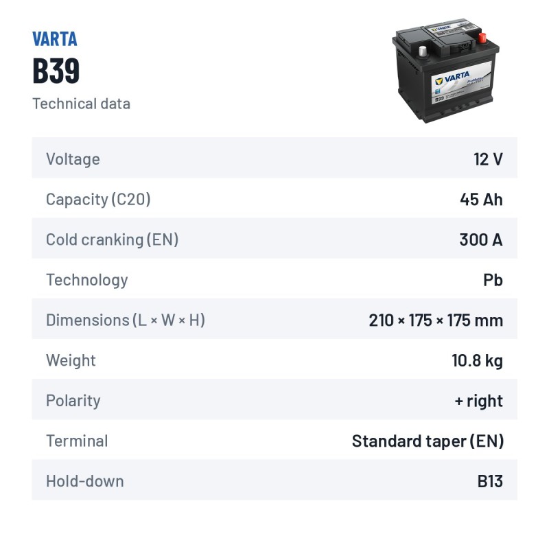 Truck battery Varta B39 12V 45Ah 300A – technical data