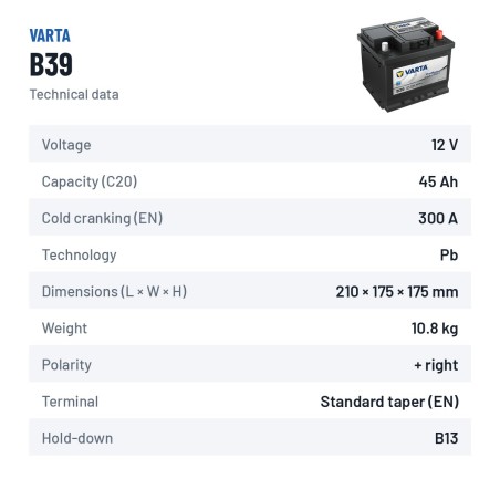 Truck battery Varta B39 12V 45Ah 300A – technical data