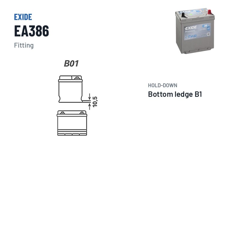 Batterie voiture Exide EA386 12V 38Ah 300A – bornes et fixation