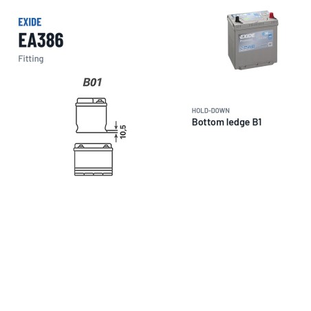 Batterie voiture Exide EA386 12V 38Ah 300A – bornes et fixation