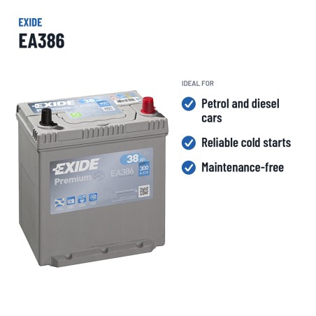 Batterie voiture Exide EA386 12V 38Ah 300A – utilisations recommandées