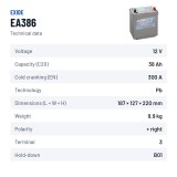 Batterie voiture Exide EA386 12V 38Ah 300A – fiche technique
